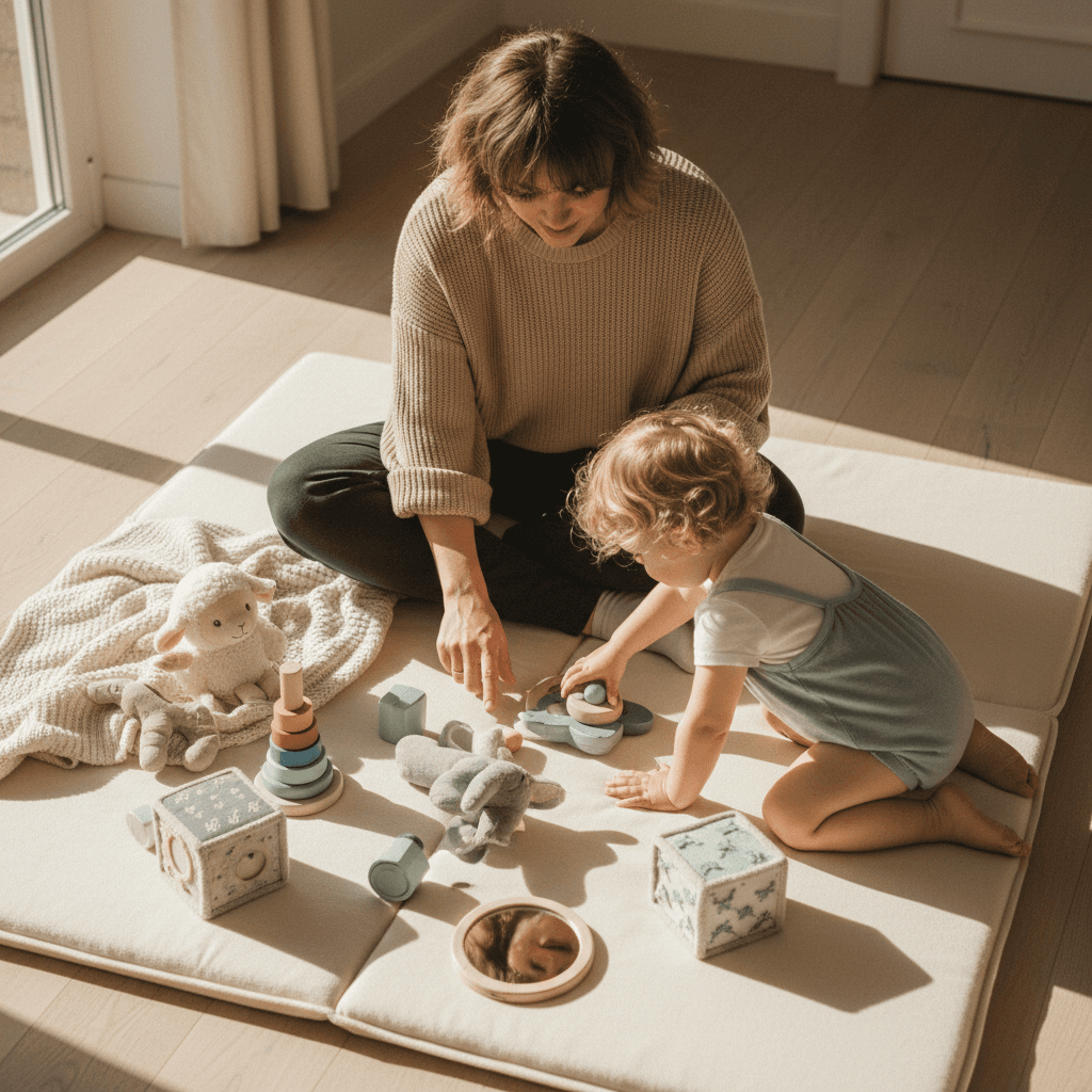Infant playing with soft toys on colorful playmat