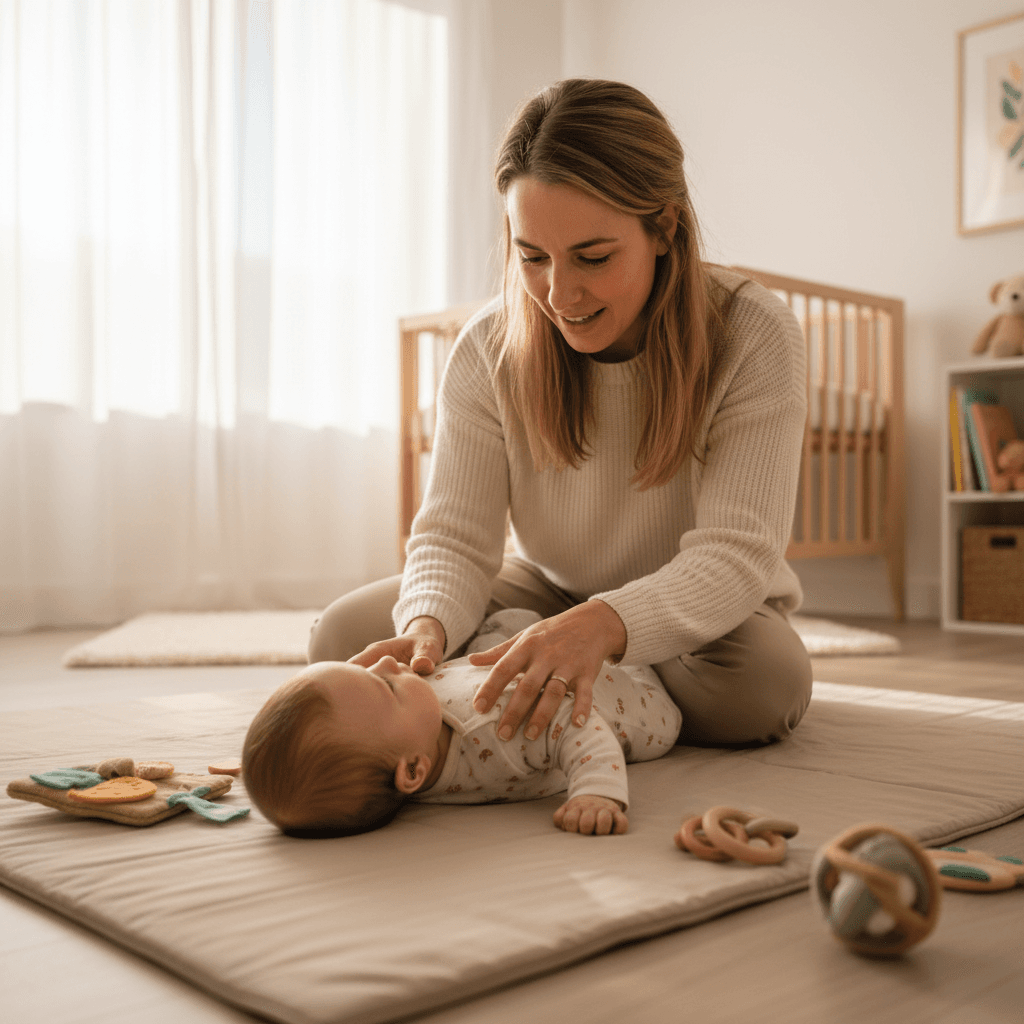 Caregiver holding infant in nurturing daycare environment