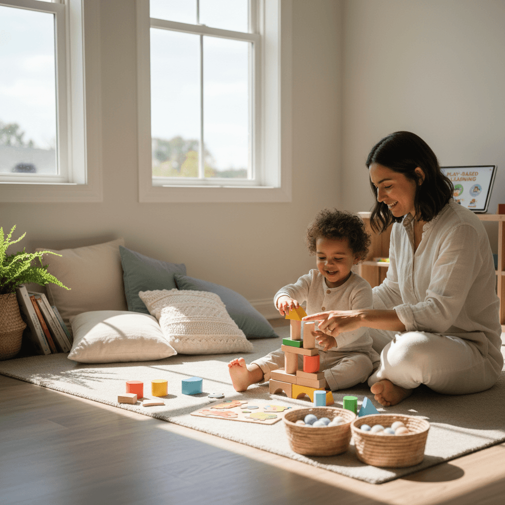 Parent and toddler engaged in play-based developmental activity on floor in home environment