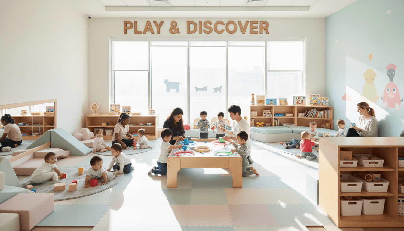 Clean organized infant care area with development materials