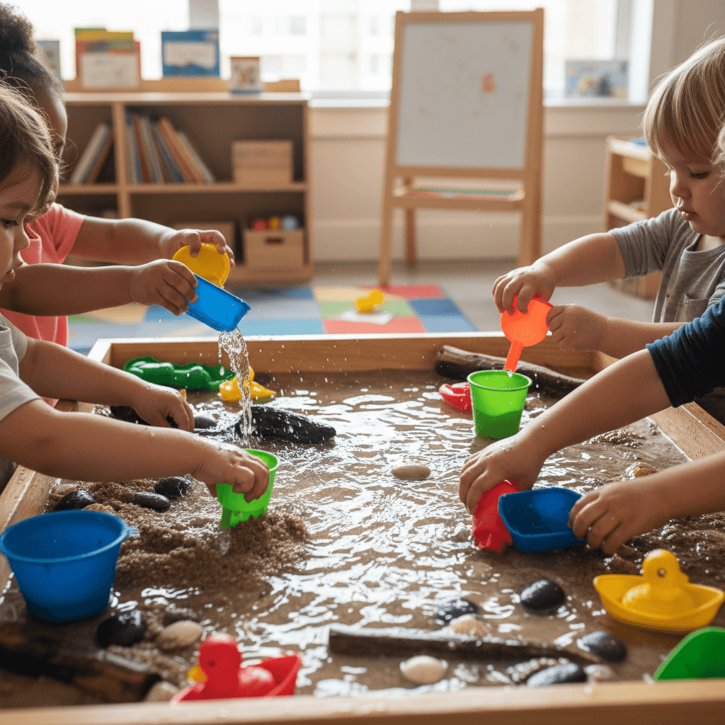 Infant engaging with sensory development toys