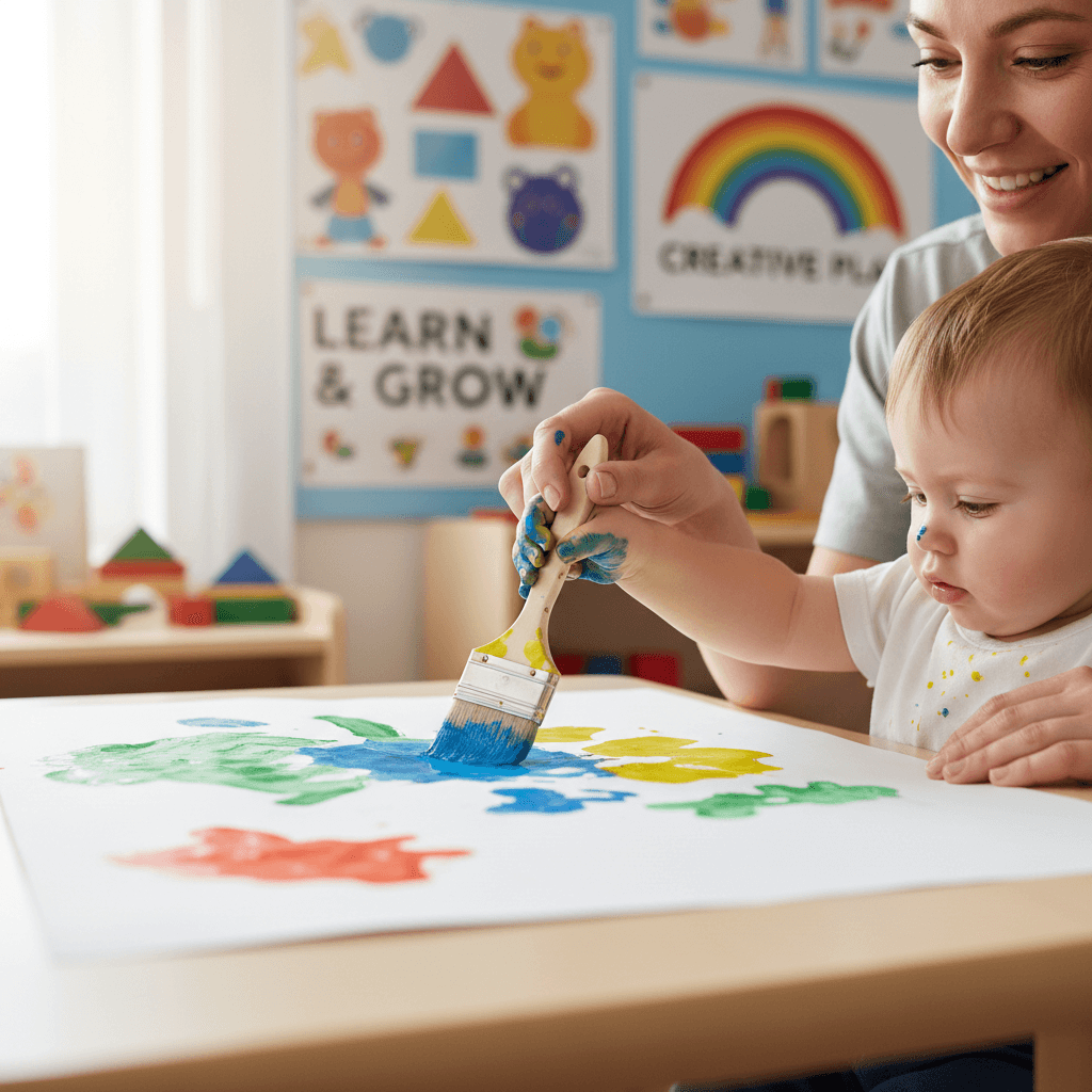 Caregiver guiding toddler's hands during watercolor painting activity in bright natural light