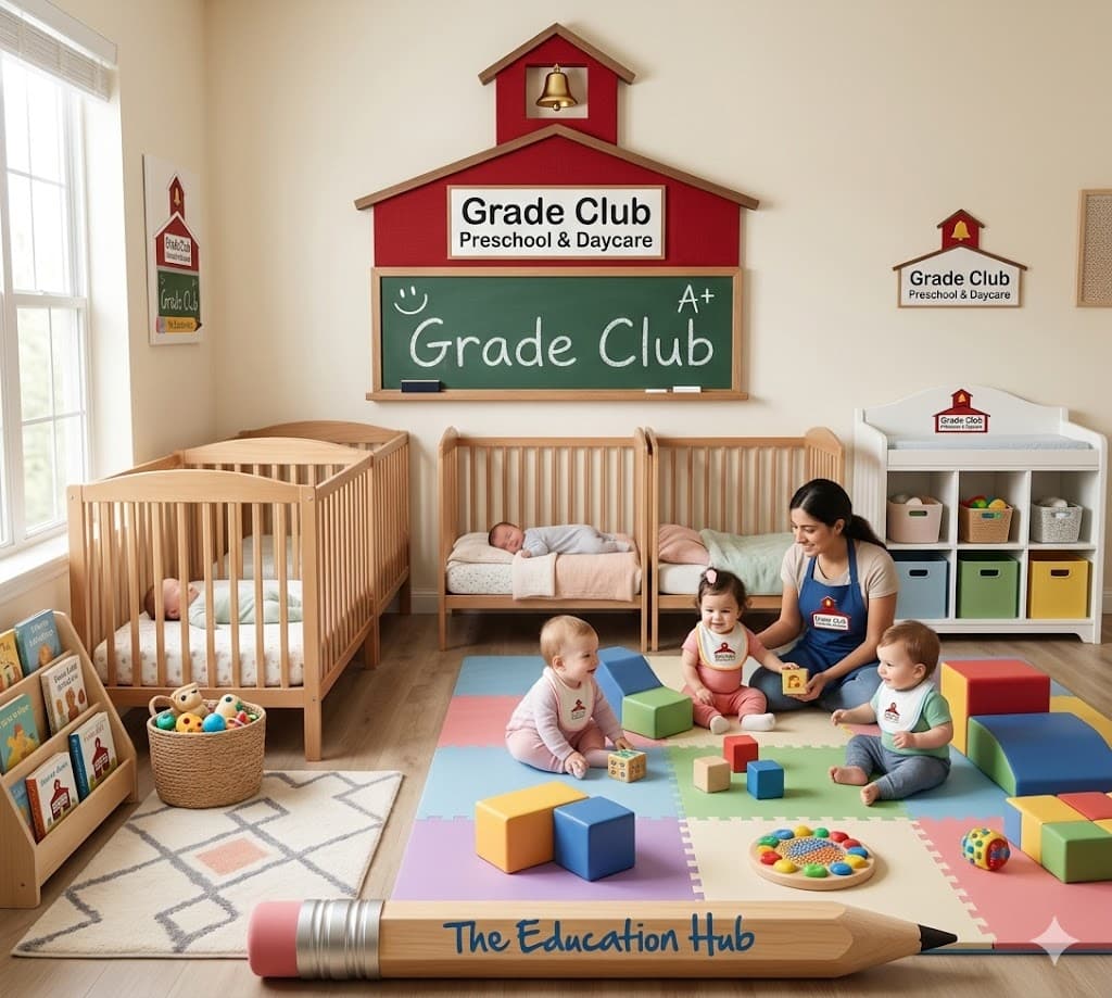 Teacher playing with babies on a colorful mat in a bright daycare room with cribs.