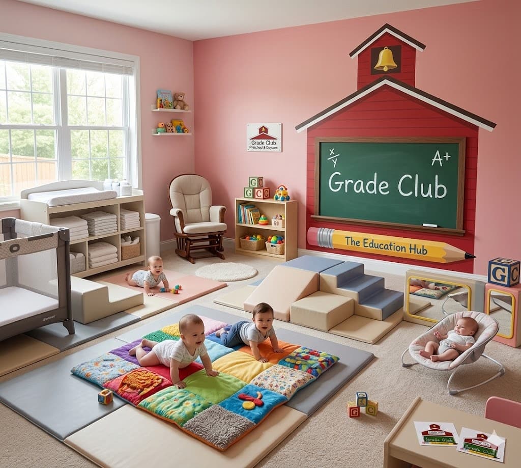 Babies play in a pink daycare room with soft mats and a schoolhouse mural.