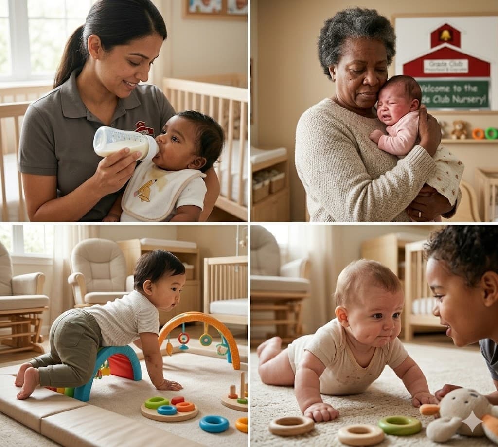Diverse caregivers feeding and comforting infants, and babies playing with toys in a nursery.