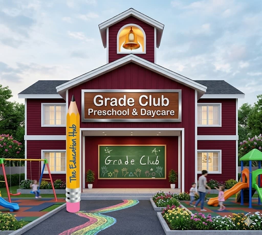 Grade Club Preschool building with a bell tower, giant pencil, and children playing outside.